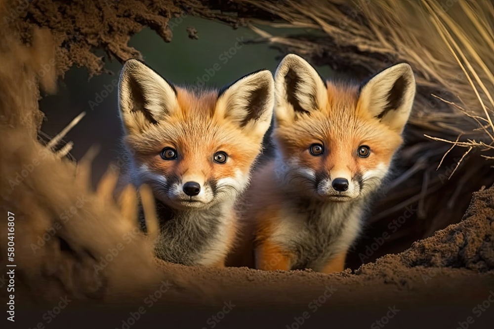 Red fox cubs, which are called vulpes vulpes, are looking at the camera in the field. Cute fox brother or sister exploring the countryside. Cute baby animals coming out of their burrows without their Red fox cubs, which are called vulpes vulpes, are looking at the camera in the field. Cute fox brother or sister exploring the countryside. Cute baby animals coming out of their burrows without their