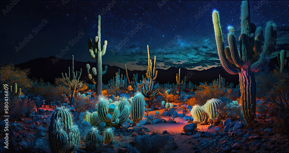 Bioluminescent Sonoran desert at night with cactus by generative AI - obrazy, fototapety, plakaty 