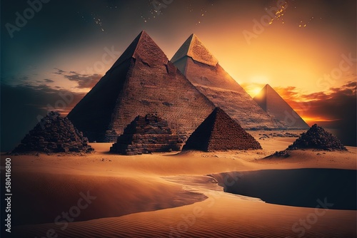 Beautiful pyramids against the backdrop of sunset and magnificent clouds AI