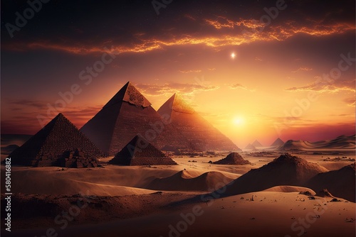 Beautiful pyramids against the backdrop of sunset and magnificent clouds AI © Terablete