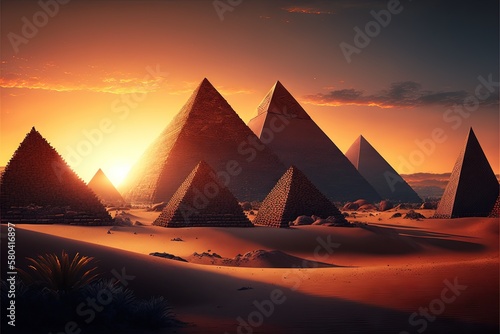 Beautiful pyramids against the backdrop of sunset and magnificent clouds AI