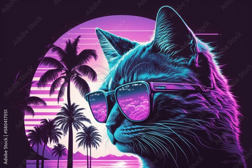 Wunschmotiv: Retro wave synth vaporwave portrait of a cat wearing sunglasses and a reflection of palm trees. Sci fi and futuristic fashion posters from the 1980s with a violet neon look. Generative AI #580417051