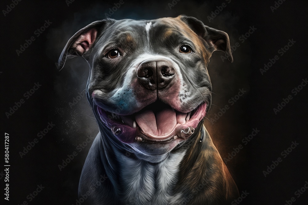 staffordshire bull terrier dog portrait with a smile. Generative AI