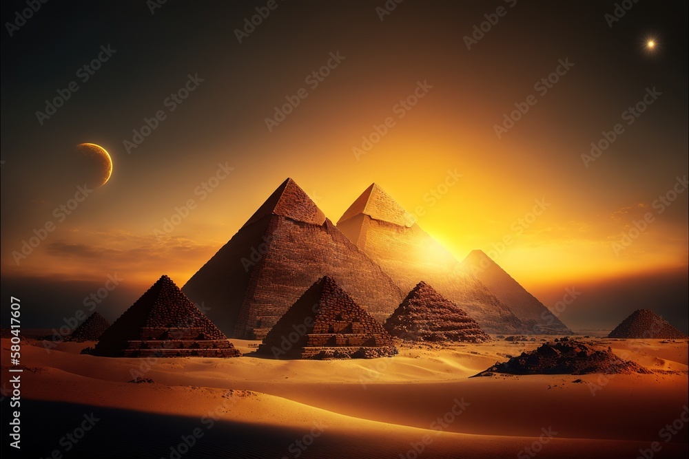 Beautiful pyramids against the backdrop of sunset and magnificent clouds AI