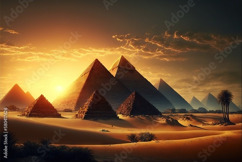 Beautiful pyramids against the backdrop of sunset and magnificent clouds AI