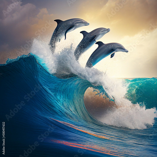 Fotobehang Playful dolphins jumping over breaking waves