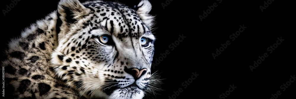 Fototapeta premium Close up of a snow leopard, on black background. Image created with generative ai