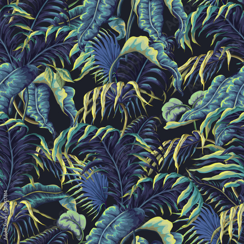 Seamless pattern with jungle and tropical leaves. Vector.
