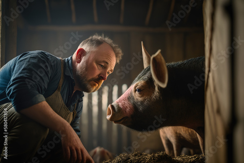 Male rancher on a farm, with his pigs. generate by ai