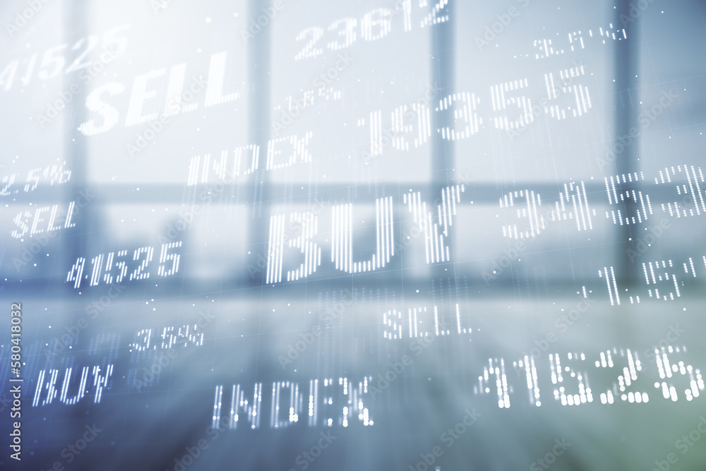 Fototapeta premium Abstract virtual financial graph hologram on empty corporate office background, forex and investment concept. Multiexposure