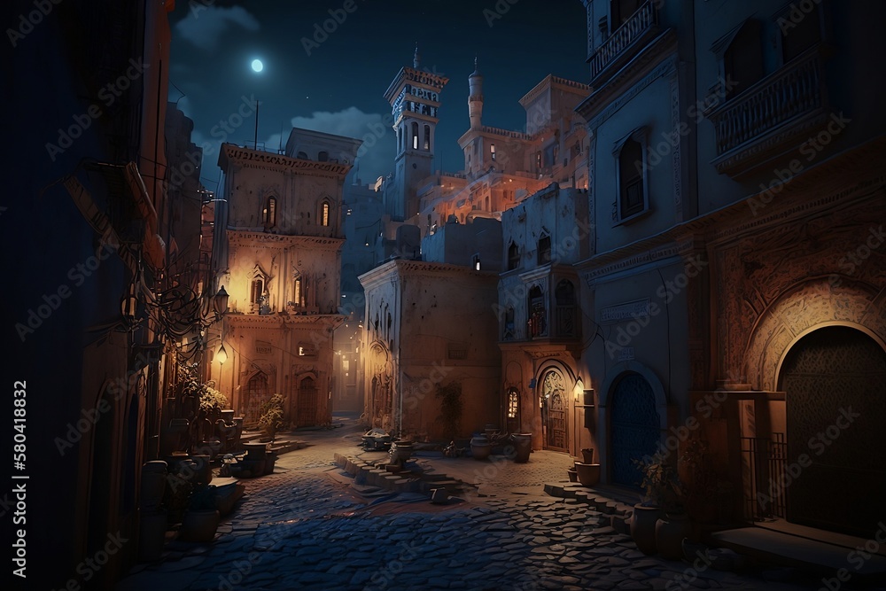 The streets of ancient Persia at night. Created with Generative AI