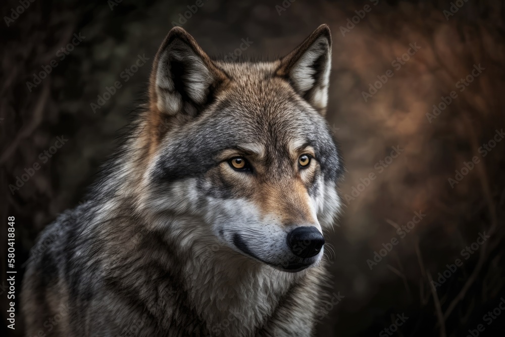 Portrait of a Grey Wolf (Canis lupus) in a zoo. Generative AI