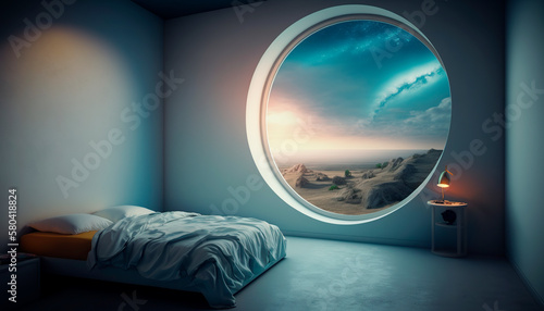 Minimal Bedroom with a big round window looking out to a colorful evening mood futuristic landscape, spiritual colors, blue and pink, Generative AI