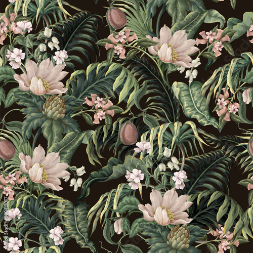 Seamless pattern with tropical leaves, plants and flowers. Vector