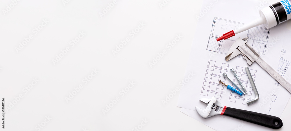 Fototapeta premium Repair tools on white background top view.