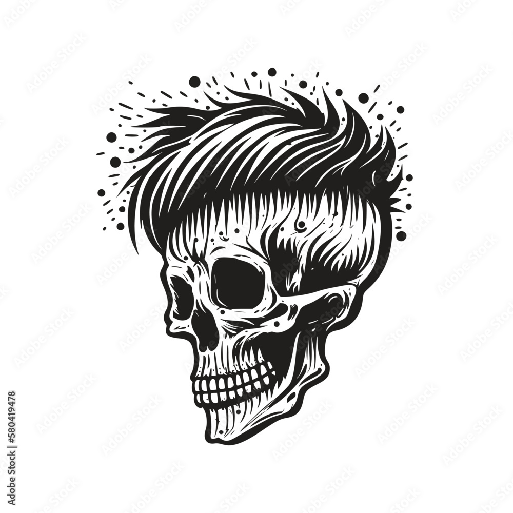 Fototapeta premium Hipster skull with hair. Hand drawn vintage engraving style woodcut vector illustration.