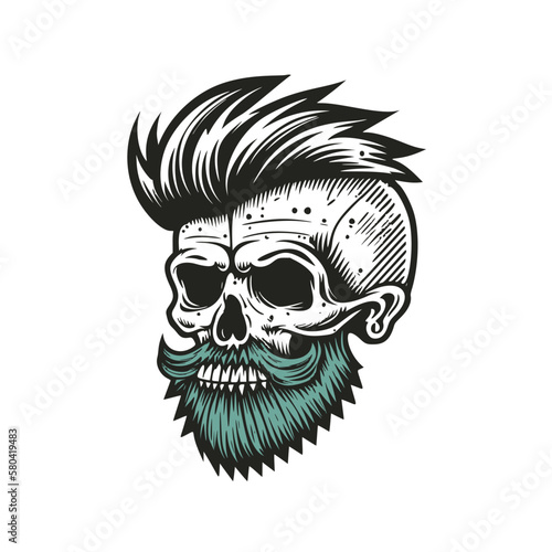 Hipster skull with hair and beard. Hand drawn vintage engraving style woodcut vector illustration.