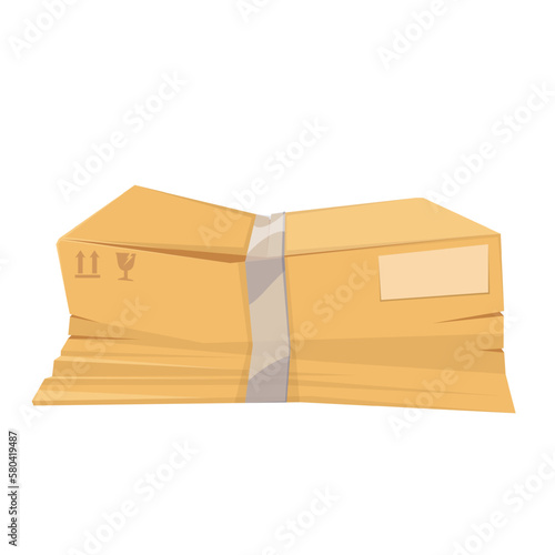 Damaged broken wrinkled box vector illustration. Cartoon isolated crumpled cardboard package with adhesive tape and crush damage, bad packaging for delivery box and transportation problems of products