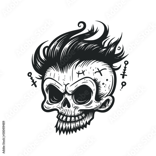 Hipster skull with hair. Hand drawn vintage engraving style woodcut vector illustration.
