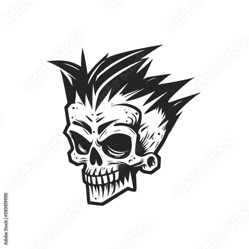 Hipster skull with hair. Hand drawn vintage engraving style woodcut vector illustration.