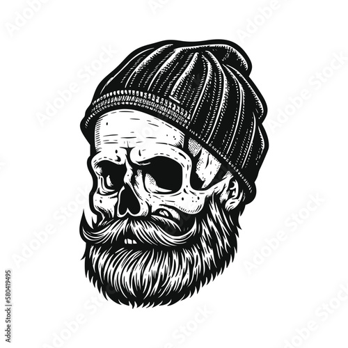 Hipster skull with beanie. Hand drawn vintage engraving style woodcut vector illustration.