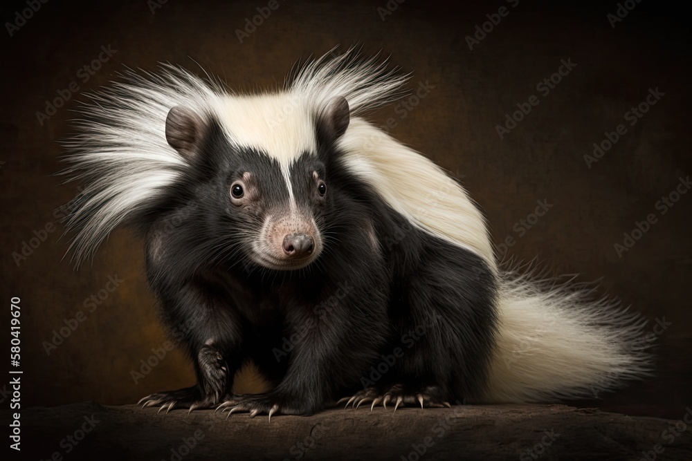 Portrait of a Humboldt's hog nosed skunk in an attack position, looking straight at the camera and showing its fluffed tail and body hair. Generative AI