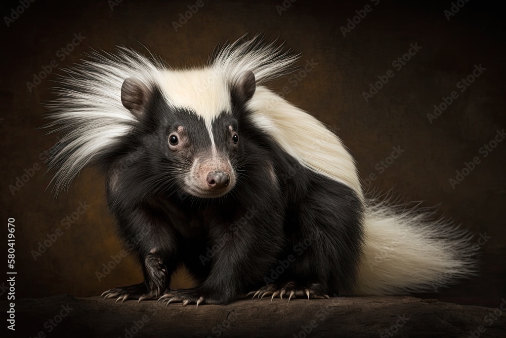 Portrait of a Humboldt's hog nosed skunk in an attack position, looking straight at the camera and showing its fluffed tail and body hair. Generative AI Portrait of a Humboldt's hog nosed skunk in an attack position, looking straight at the camera and showing its fluffed tail and body hair. Generative AI