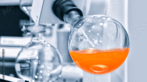 Laboratory research scientific glassware for chemical background. Medical or chemical background with laboratory equipment and liquids.