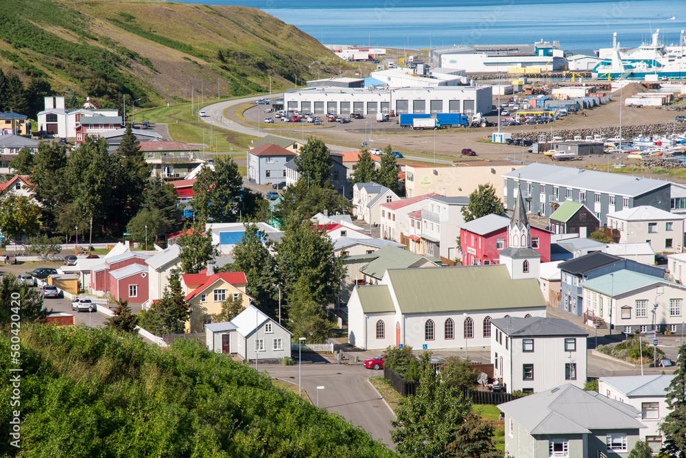 View over town of Saudarkrokur in North Iceland