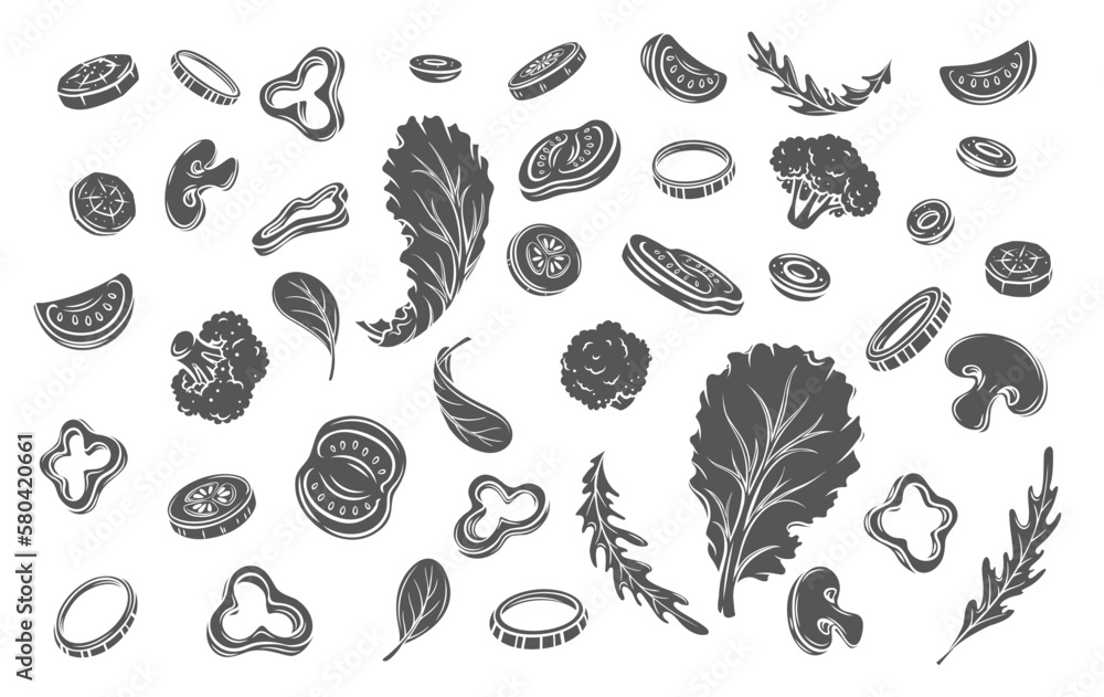Fototapeta premium Salad vegetables fly in air glyph icon vector illustration. Silhouette of fresh sliced food ingredients cut into pieces fall, mix slices and leaf for summer Mediterranean diet and healthy salad menu