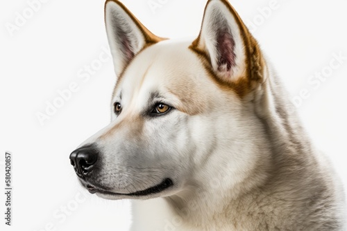 Portrait of a white Akita inu dog panting, head shot, isolated on white. Generative AI © AkuAku