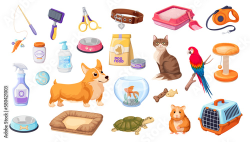 Pet shop set vector illustration. Cartoon isolated veterinary collection with toys, treat and vitamin food for cat and dog, vet grooming accessory and scratching post, bed and carrier for pets photo