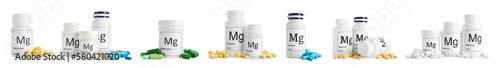 Set of bottles with magnesium pills on white background