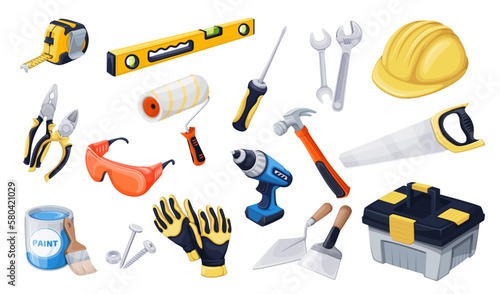 Construction equipment and tools set vector illustration. Cartoon isolated hardware for repair works in construction industry collection with screwdriver saw drill hammer helmet screw toolbox