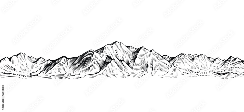 Vector seamless mountain sketch, endless rock ranges panorama ...