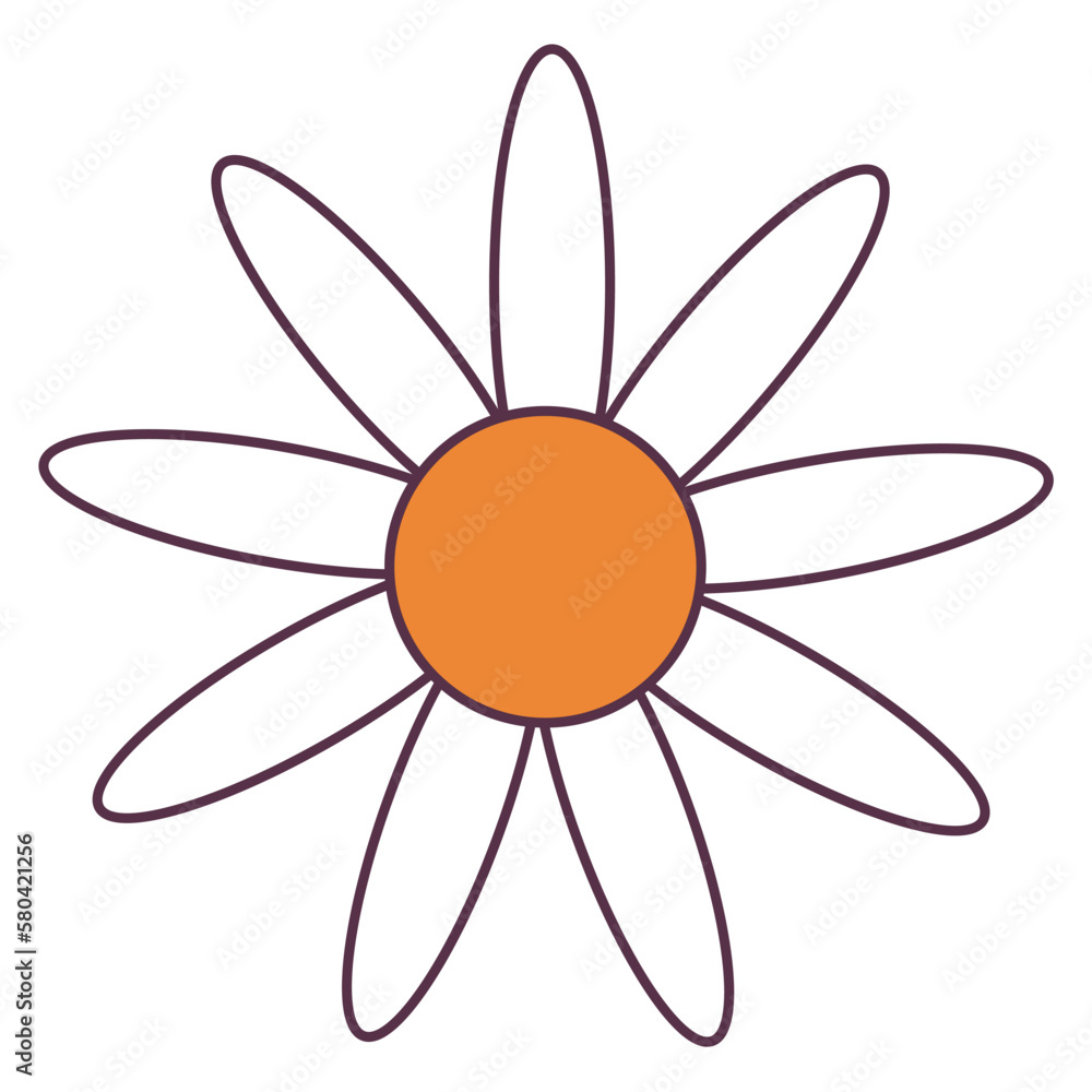 Retro 70s Groovy Hippie sticker daisy flower. Psychedelic cartoon element -funky illustration in vintage hippy style. Vector flat illustration for banner, flyer, invitation, card. Retro 70s Groovy Hippie sticker daisy flower. Psychedelic cartoon element -funky illustration in vintage hippy style. Vector flat illustration for banner, flyer, invitation, card.