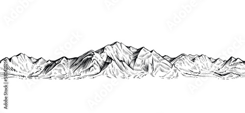 Vector seamless mountain sketch, endless rock ranges panorama illustration.