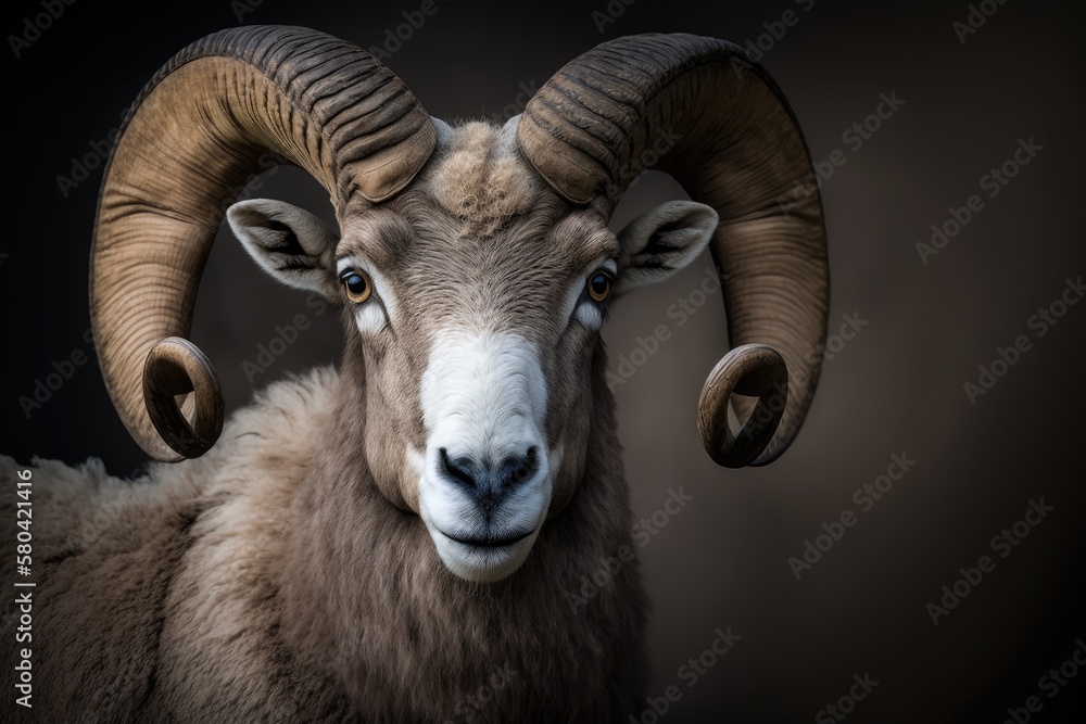 Portrait of a wild ram with big horns, a mouflon, a mountain sheep, or any other animal with horns. Generative AI - obrazy, fototapety, plakaty 