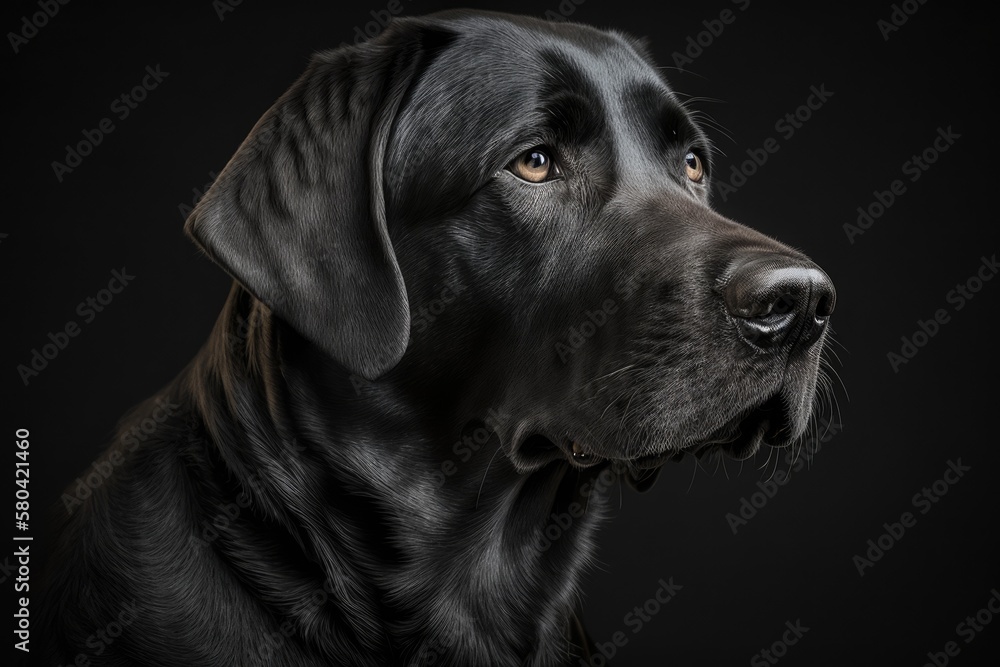 Portrait of an adopted Black Labrador Retriever in a low key style, with a black background. Generative AI Portrait of an adopted Black Labrador Retriever in a low key style, with a black background. Generative AI