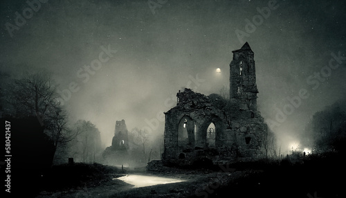 Old photo with creepy cemetery and abandoned church ruins. Mystic gloomy scene. Generative AI