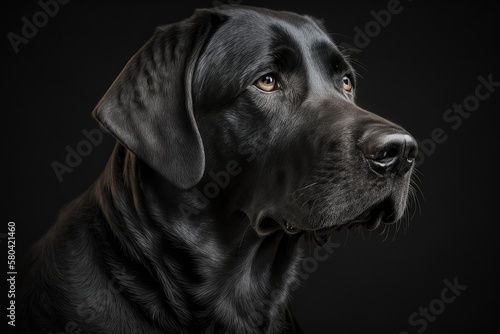 Portrait of an adopted Black Labrador Retriever in a low key style  with a black background. Generative AI
