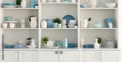 Open cupboard with clean dishes in kitchen