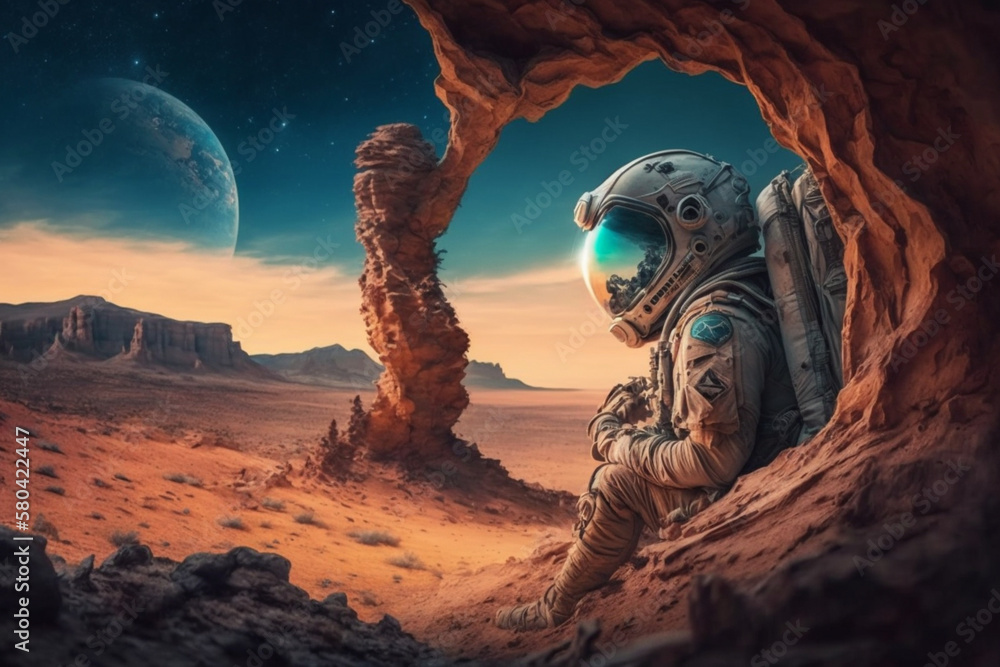 Astronaut for the first time on an alien planet Generative AI Stock ...