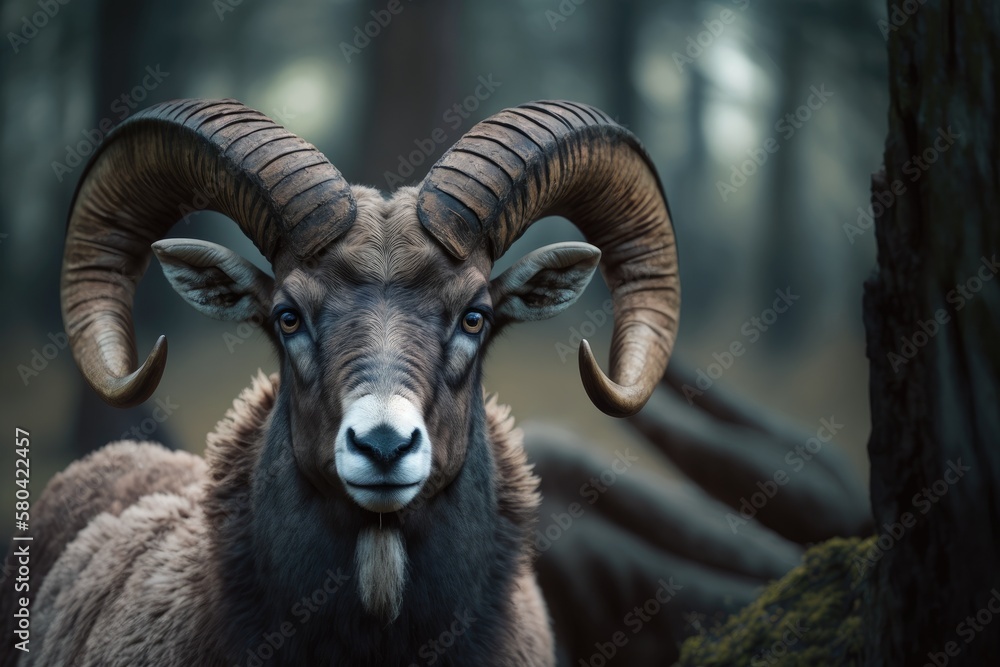 Portrait of an animal with big horns, Mouflon, Ovis orientalis, Prague, Czech Republic. Scenes of wildlife in the wild. What the animals do in the forest. Muflon in the forest with big horns on its he