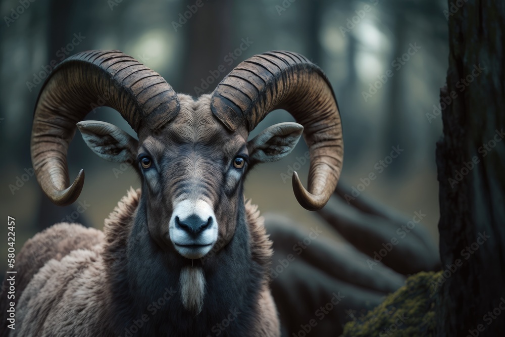 Portrait of an animal with big horns, Mouflon, Ovis orientalis, Prague, Czech Republic. Scenes of wildlife in the wild. What the animals do in the forest. Muflon in the forest with big horns on its he Portrait of an animal with big horns, Mouflon, Ovis orientalis, Prague, Czech Republic. Scenes of wildlife in the wild. What the animals do in the forest. Muflon in the forest with big horns on its he