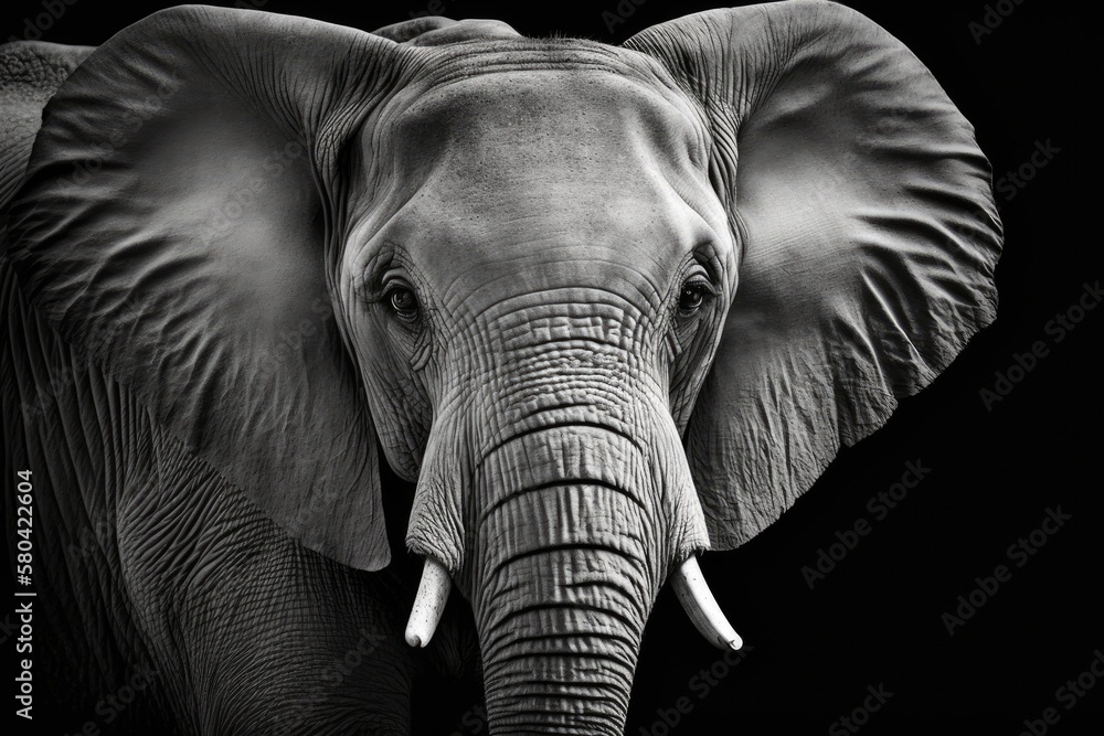 Portrait of an elephant, in black and white, of an African elephant, up close. Generative AI