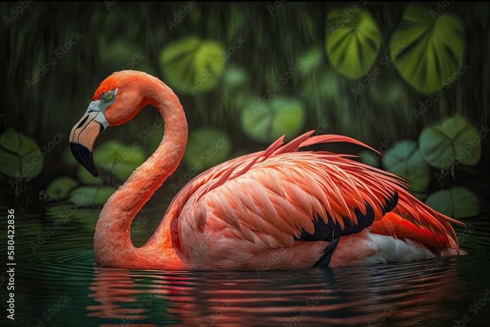 Obraz premium Phoenicopterus ruber, or the American flamingo, or the Caribbean flamingo. Big Bird is enjoying the summer by taking it easy. A green background from nature. Generative AI