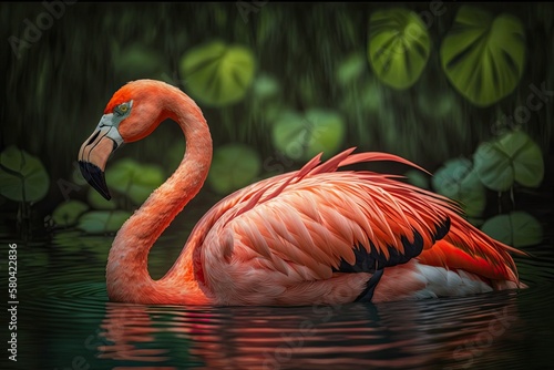 Phoenicopterus ruber, or the American flamingo, or the Caribbean flamingo. Big Bird is enjoying the summer by taking it easy. A green background from nature. Generative AI