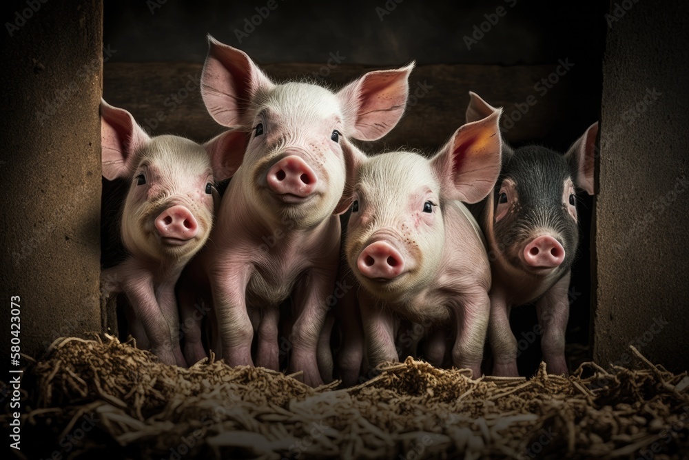 Pigs on farms are being fed by piglets. Pigs portrait. Generative AI Pigs on farms are being fed by piglets. Pigs portrait. Generative AI