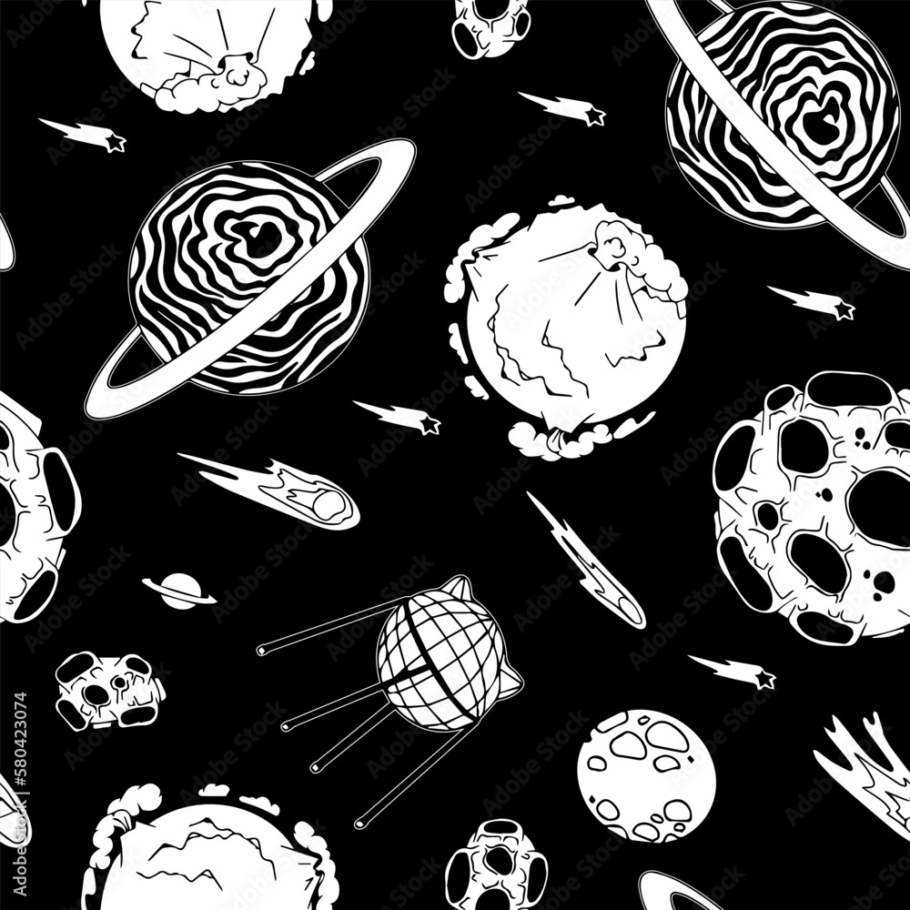 Open space. UFOs, spaceships, rockets. Solar system, Intergalactic travel. Galaxies, planets, asteroids, comets, shooting stars. Black and white pattern. Vector.